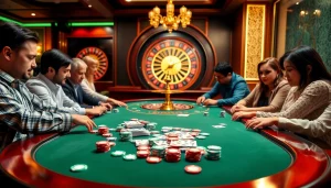 I9BET poker game scene featuring vibrant poker chips, focused players, and an elegant casino atmosphere.