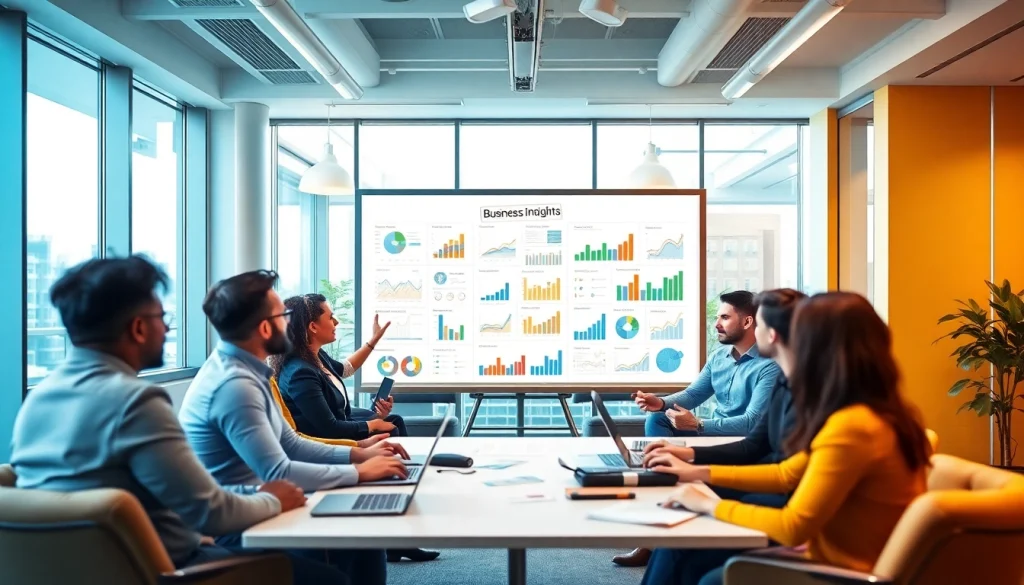 Boost your knowledge of business growth insights with a collaborative team in a modern office.