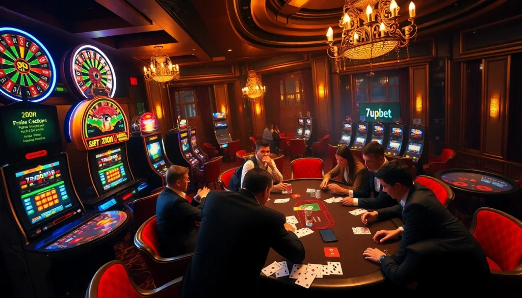 7upbet players engaging in high-stakes poker at a luxurious casino with vibrant roulette wheels.