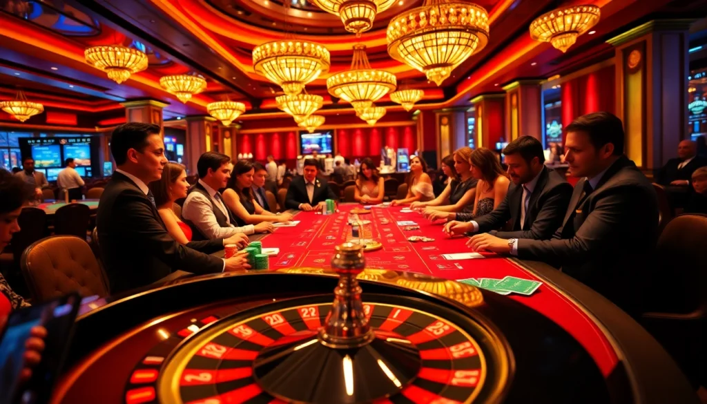 Experience the excitement of go 88 with engaging players at a luxury poker table amidst vibrant casino decor.