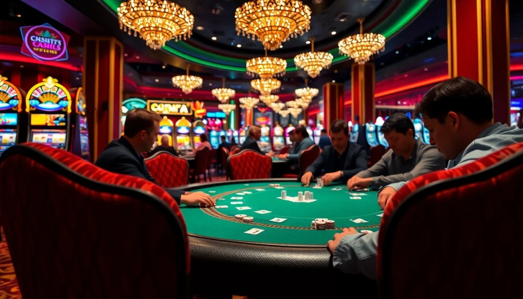 Experience thrilling cs2 gambling sites through a lively poker scene showcasing intense players and luxurious decor.