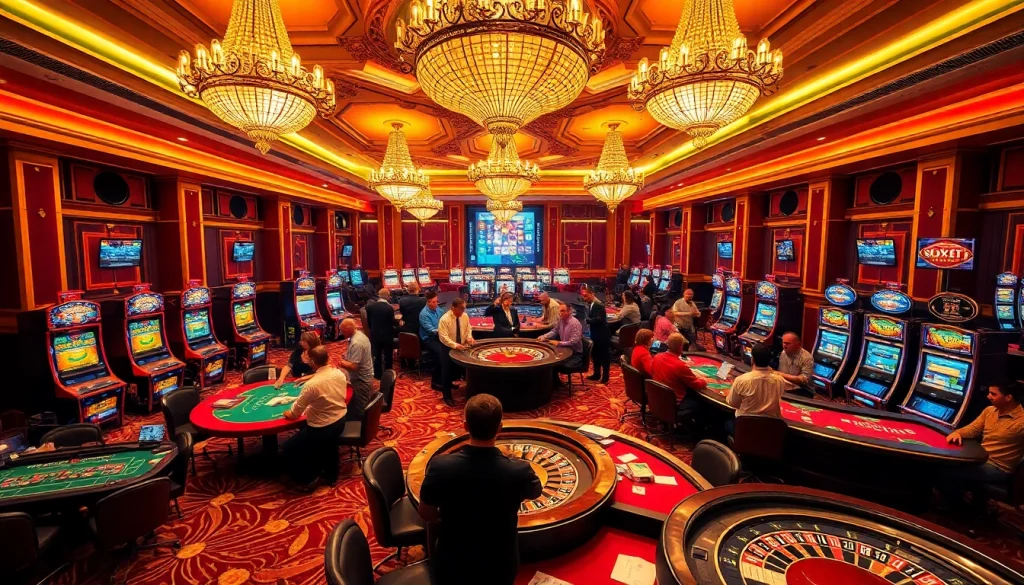 Players enjoying sbobet sports betting at a luxurious casino filled with excitement.
