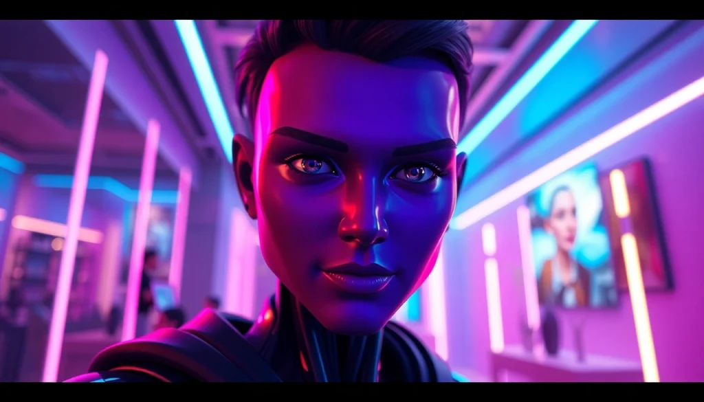 Engaging AI NSFW character interaction in a modern digital setting with neon colors.
