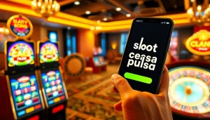 Adegan menarik tentang 'slot deposit pulsa' dengan mesin slot yang berwarna-warni dan smartphone siap untuk pembayaran.