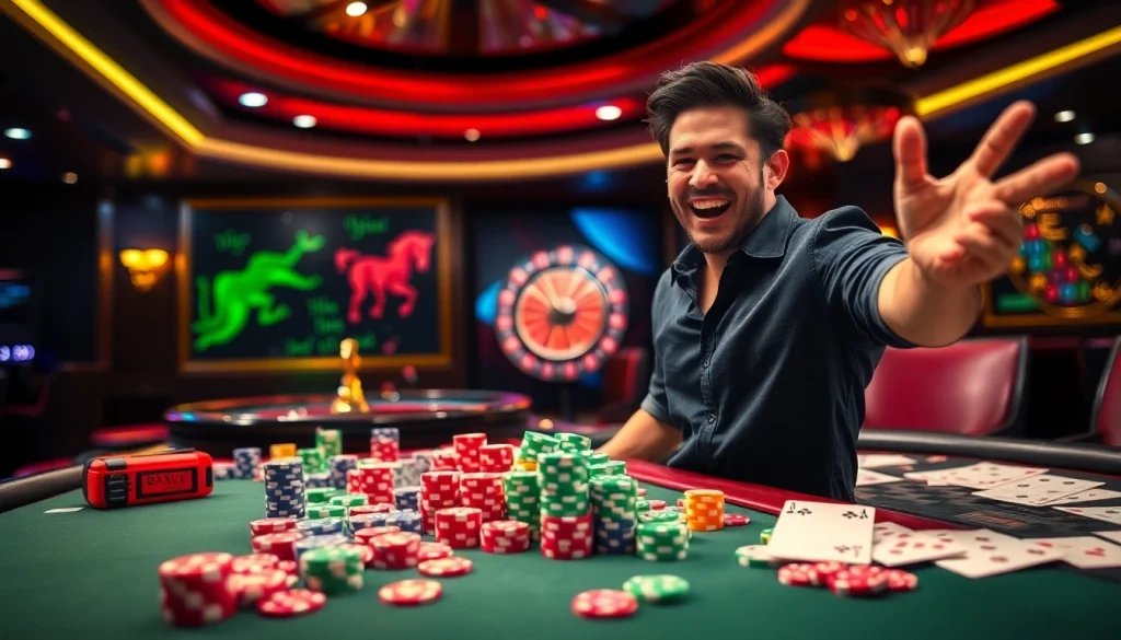 Pemenang merayakan di meja situs deposit 5K dengan chip poker berwarna-warni, menampilkan sensasi kasino.