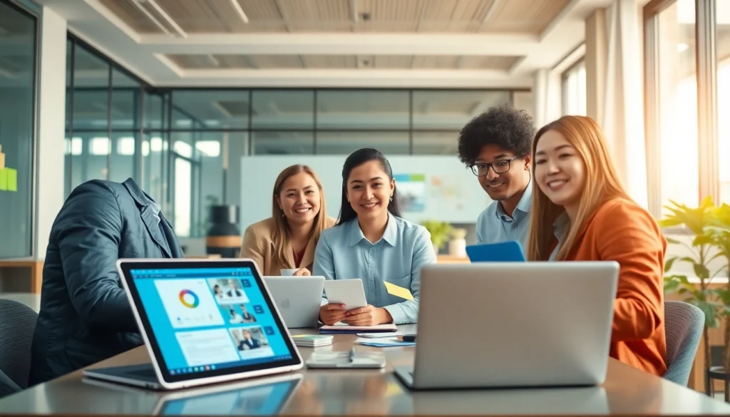 在现代办公室环境中，专业人员进行数字协作的 WPS 下载场景。