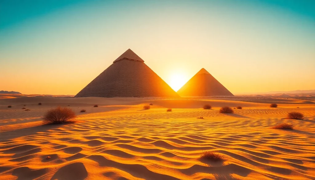 Explore piraminds set against a stunning sunset, highlighting their majestic architecture.