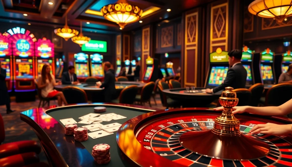 Players engaging in thrilling games at MM88 casino with vibrant tables and slot machines.
