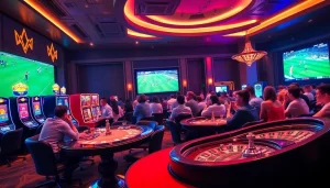 Experience trực tiếp bóng đá excitement at a luxurious casino sports bar filled with fans.