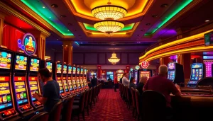 Petaruh yang bersemangat bermain di mesin slot berwarna-warni yang menampilkan opsi slot deposit 1k, menggambarkan kemewahan dan sensasi.