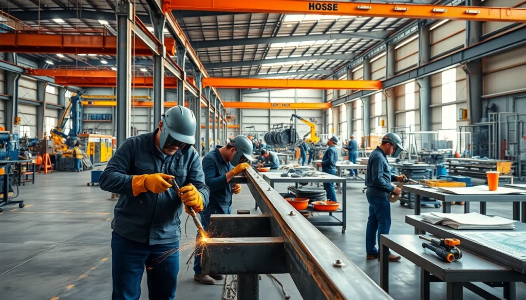 Steel fabrication shop workers skillfully assembling metal structures in a vibrant industrial setting.