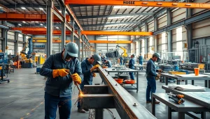 Steel fabrication shop workers skillfully assembling metal structures in a vibrant industrial setting.