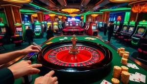 Engaging casino scene illustrating tỷ lệ kèo nhà cái hôm nay with roulette table action and vibrant betting atmosphere.