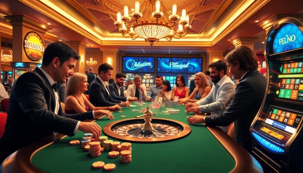 A dynamic casino scene with players engaged in roulette and poker at https://febet8.com, highlighting excitement and luxury.