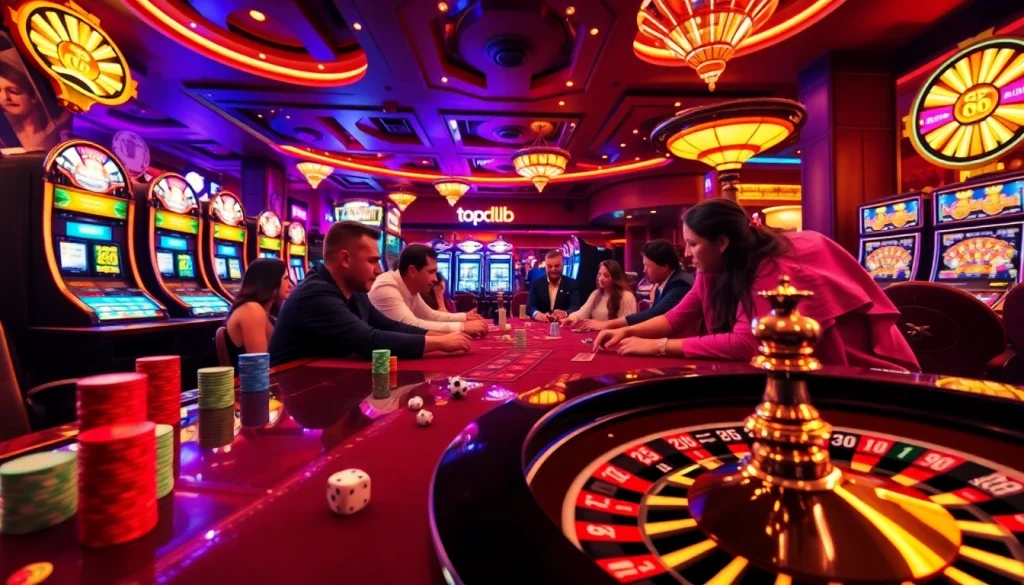 Join the thrilling gambling action at topclub with poker chips and vibrant slot machines.