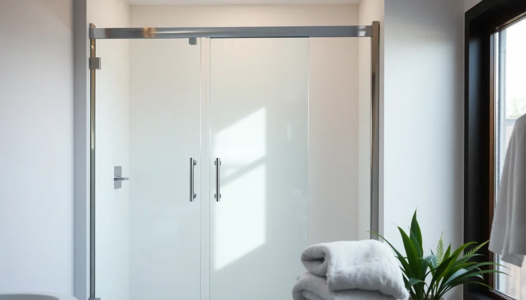 Showcasing elegant shower doors with sleek glass and metal design in a modern bathroom.