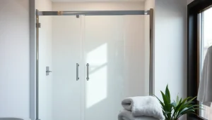 Showcasing elegant shower doors with sleek glass and metal design in a modern bathroom.