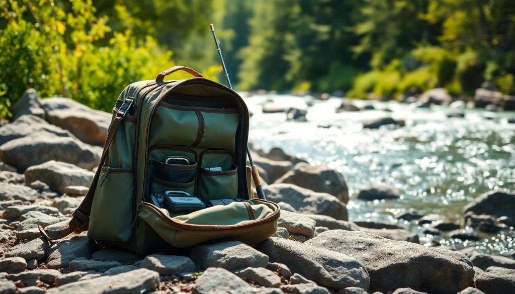 Showcasing a fly fishing backpack on a riverside, filled with gear, inviting fishing enthusiasts.