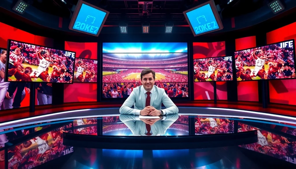 Host engaging in Sports Broadcasting at a lively studio with multiple screens.