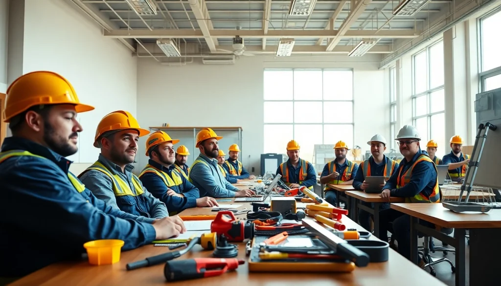 Learn at construction trade schools in texas with engaging trainers and tools in a bright classroom setting.