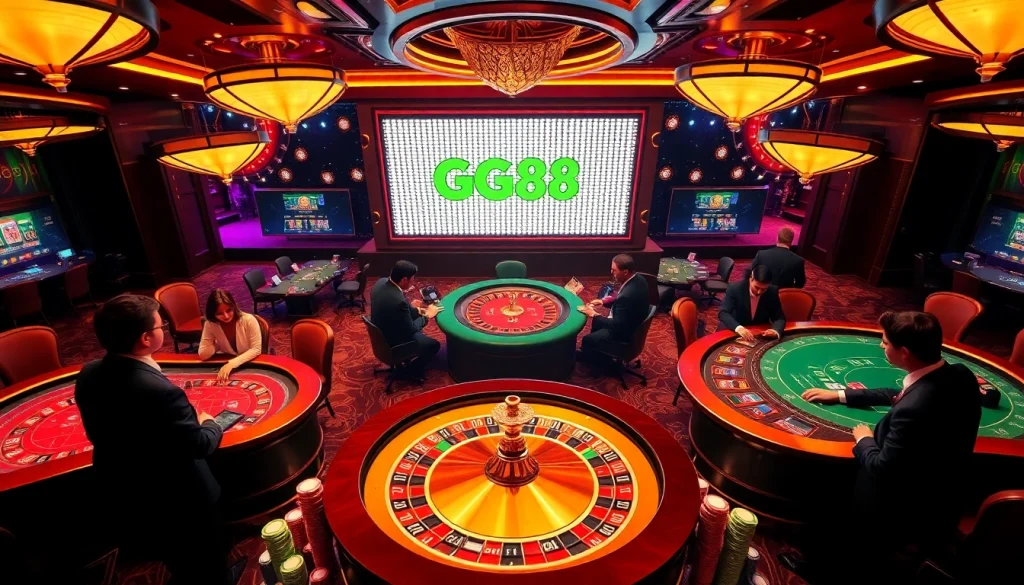 Players enjoying various games at GG88 casino, featuring an exciting atmosphere and vibrant roulette wheel.