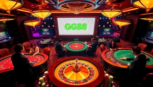 Players enjoying various games at GG88 casino, featuring an exciting atmosphere and vibrant roulette wheel.