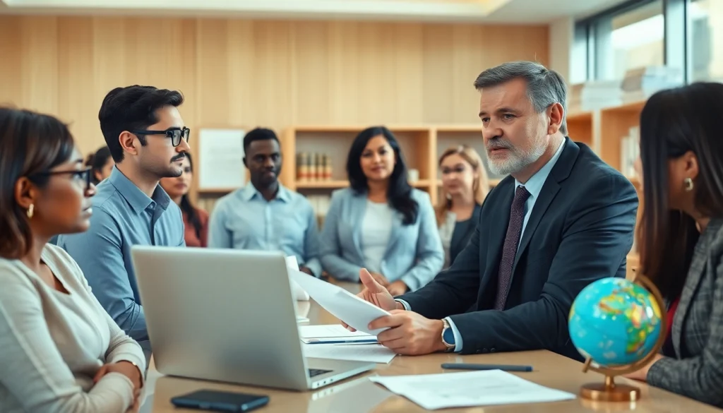 Eminent domain lawyer consulting a diverse group of clients in a professional office.