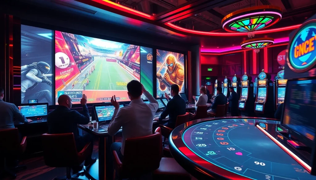 Watch Trực tiếp Esport in an exciting luxury casino scene with digital betting interfaces.