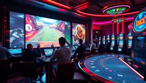 Watch Trực tiếp Esport in an exciting luxury casino scene with digital betting interfaces.