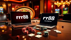 Exciting casino scene featuring rr88 link on a laptop amidst poker chips and roulette.