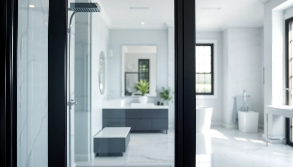 Shower door black frame elegantly enhances a modern bathroom's design.