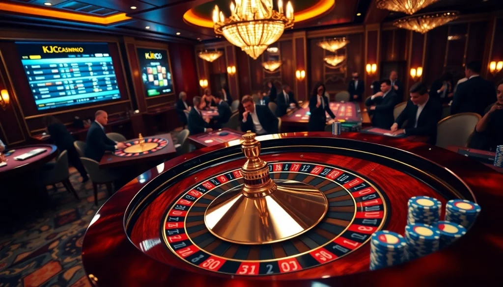 Experience thrilling gameplay at KJC's luxurious casino tables with poker chips and roulette action.
