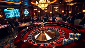 Experience thrilling gameplay at KJC's luxurious casino tables with poker chips and roulette action.