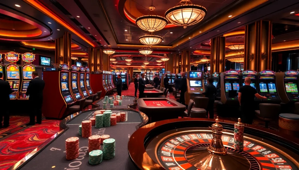 SODO casino scene with vibrant slot machines and poker tables in an elegant setting.