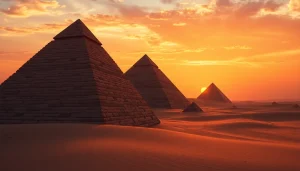 A captivating view of piraminds against a vibrant sunset, revealing their ancient architectural marvels.