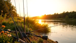 Showcase of Best fly fishing rods along a serene riverbank at sunset