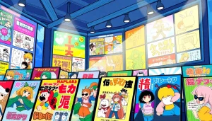 newtoki 웹툰 플랫폼의 다채로운 웹툰 커버들을 보여주는 일러스트