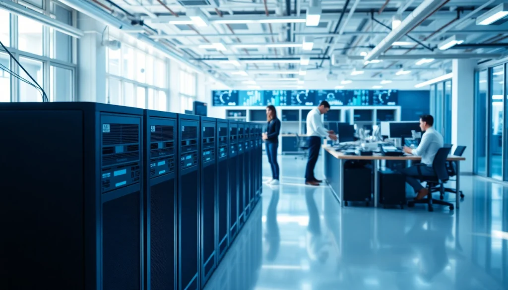 Network infrastructure setup in a modern office with servers and collaborative workspace.