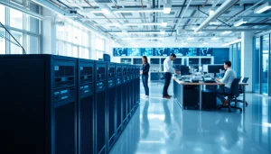 Network infrastructure setup in a modern office with servers and collaborative workspace.