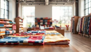 Bekijk hoogwaardige bedrukte katoenen stoffen in een stijlvolle showroom vol kleur en textuur.