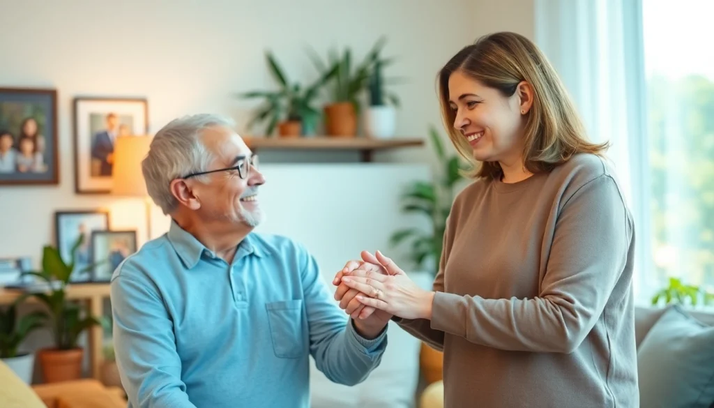 Engaging scene of senior care austin tx with caregiver providing support and warmth in a cozy home environment.