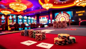 Players enjoying high-stakes games at a luxurious casino with 88t betting slips and poker chips.