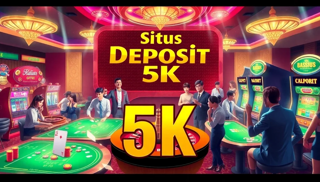 The excitement of gambling at a luxurious casino with Situs Deposit 5K prominently displayed, showcasing players at tables and slot machines.