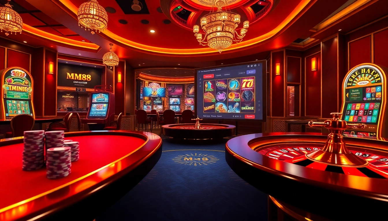 Engage with the excitement of MM88 online casino, featuring poker chips and roulette wheel.