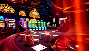 RR88 casino scene showcasing a vibrant poker table and colorful slot machines.
