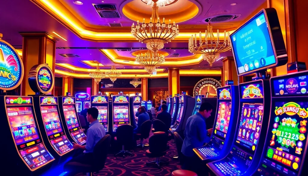 Experience judi slot Naga169 excitement with vibrant slot machines in a luxury casino setting.