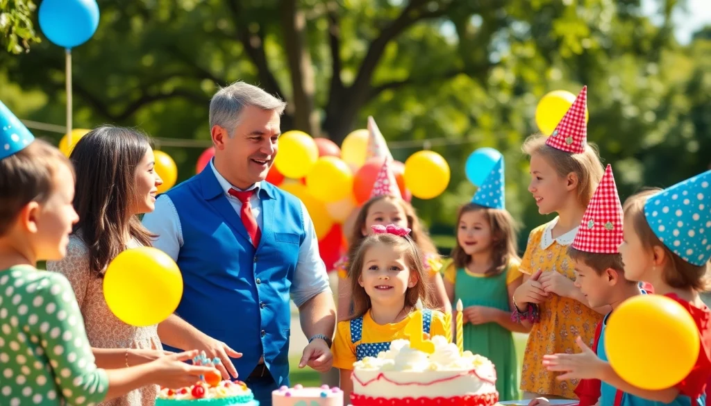 Kids enjoying activities with birthday party entertainers at a festive celebration, full of joy and laughter.
