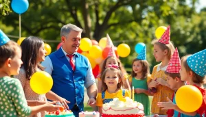 Kids enjoying activities with birthday party entertainers at a festive celebration, full of joy and laughter.