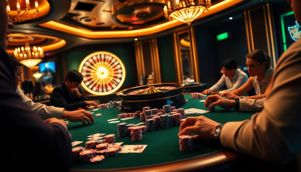 Engaged players at a luxurious mm88 kjc card game table, showcasing excitement in a casino environment.