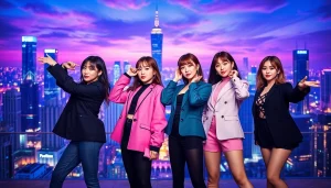 BLACKPINK news showcasing the popular K-pop group's dynamic poses against a vibrant urban backdrop.